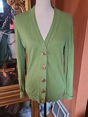 Tory Burch Kelly Green Cardigan with Medal Logo Buttons